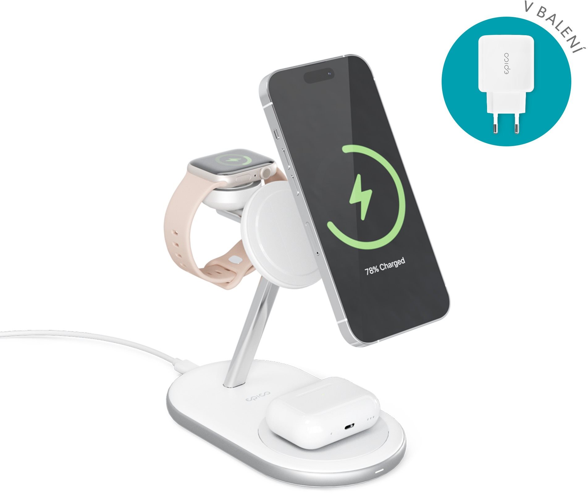 Epico 3in1 Made for MagSafe töltőpad + adapter – fehér