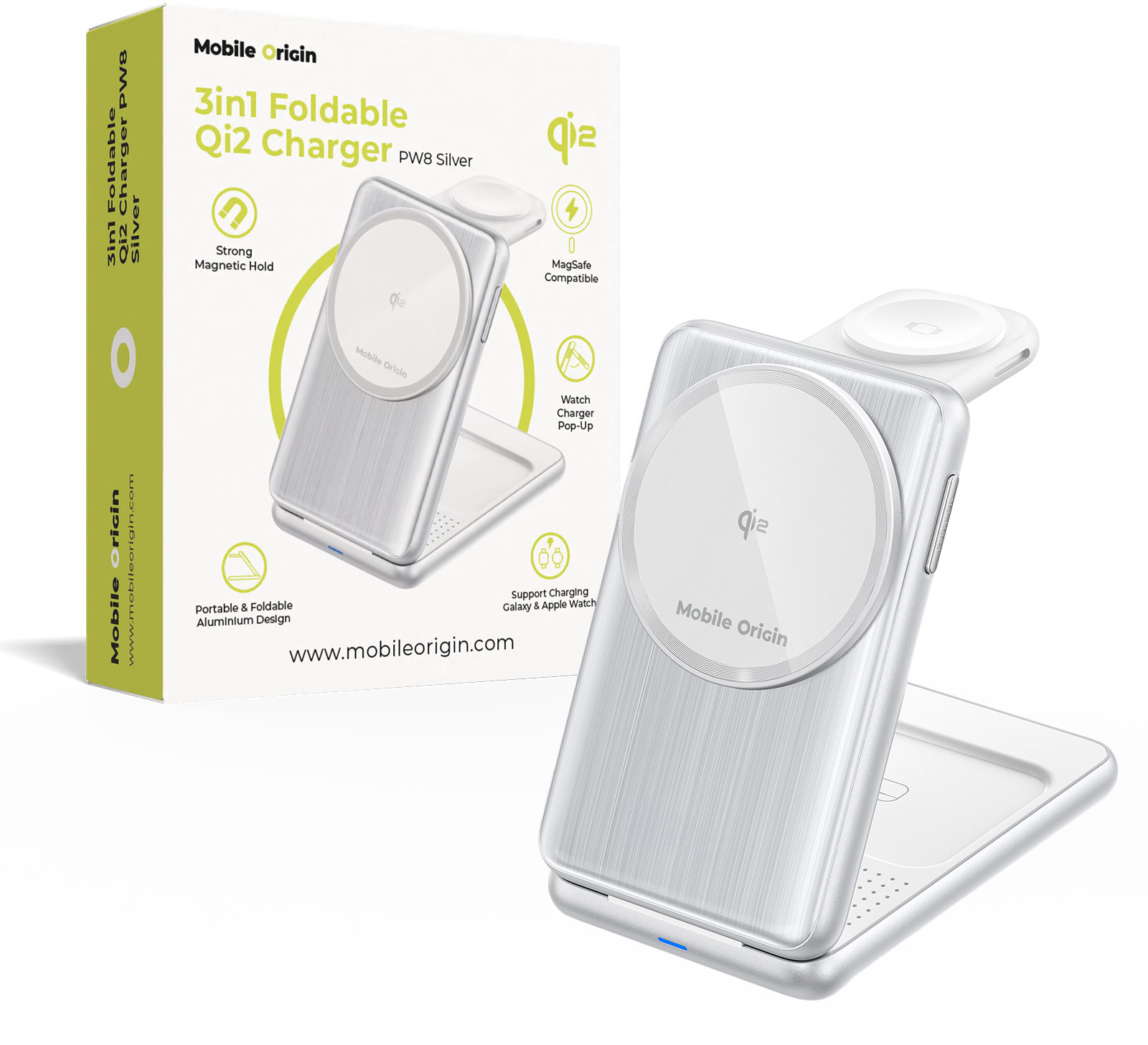 Mobile Origin 3in1 Foldable Qi2 Charger PW8, Silver