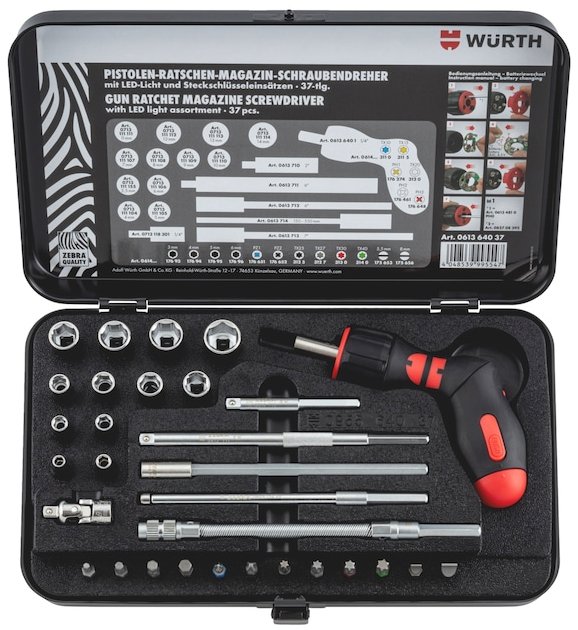 WÜRTH racsnis csavarhúzó, többféle bittel, LED-del, 37 darab