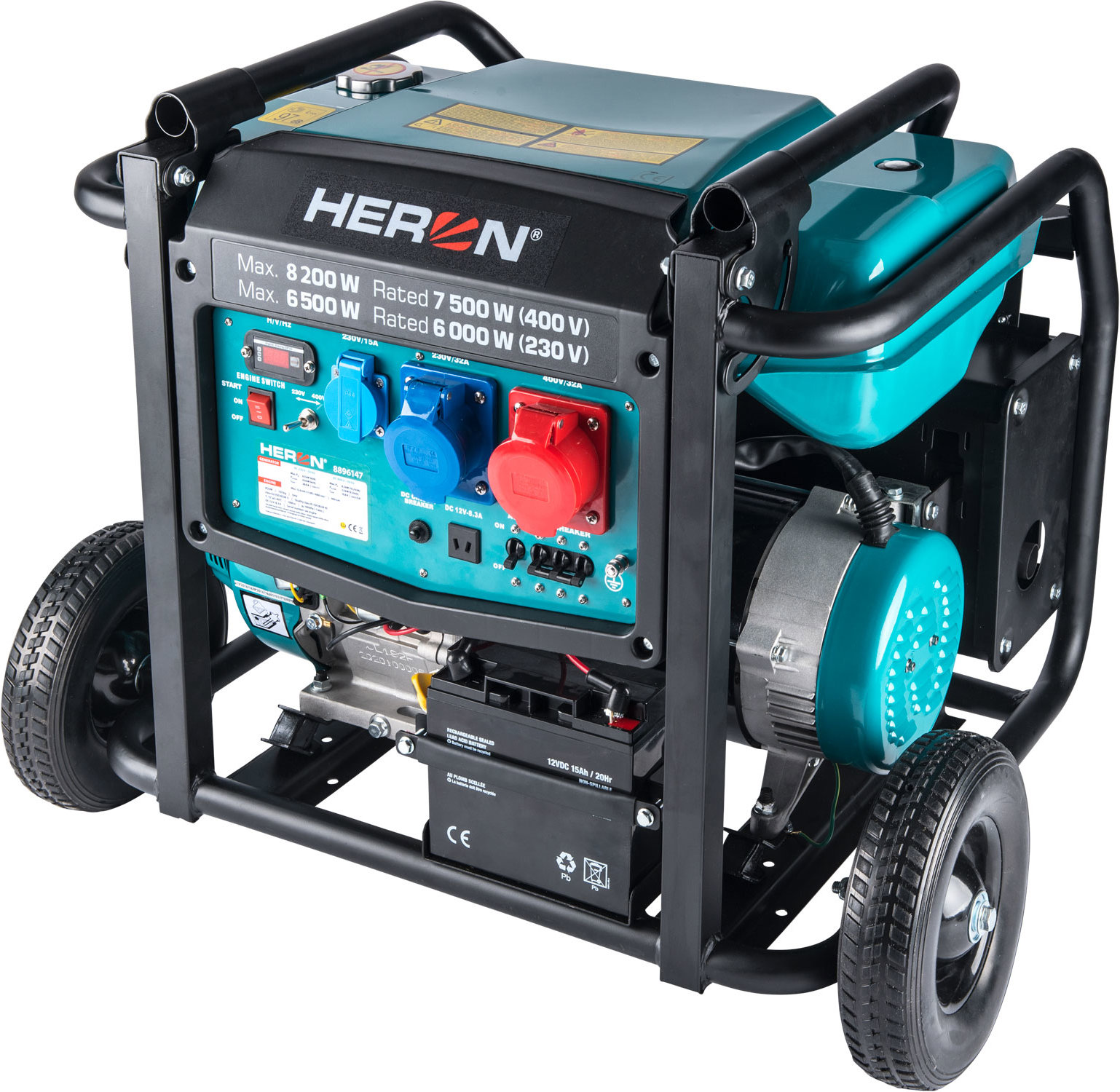 HERON Benzinmotoros aggregátor, 8,2 kW / 10,25 kVA (400 V), 6,5 kW (230 V), el. indítás, alváz