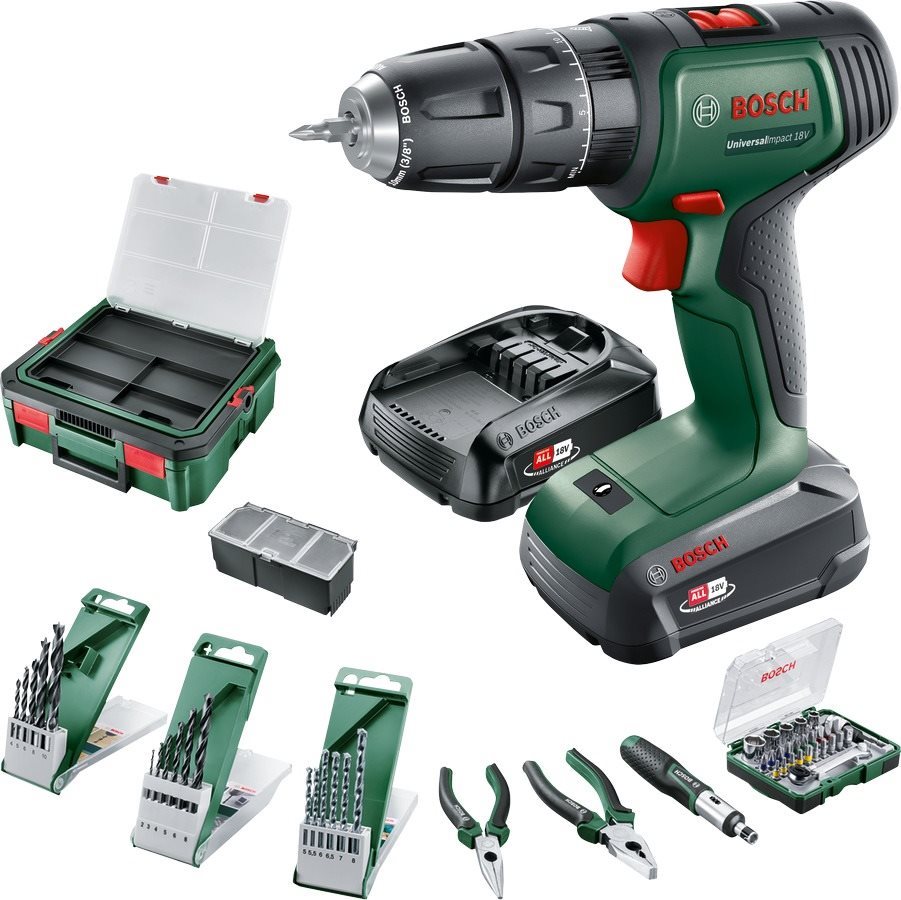 Bosch UniversalImpact 18V, 2x 1,5 Ah, töltő, 46 db tartozék, koffer