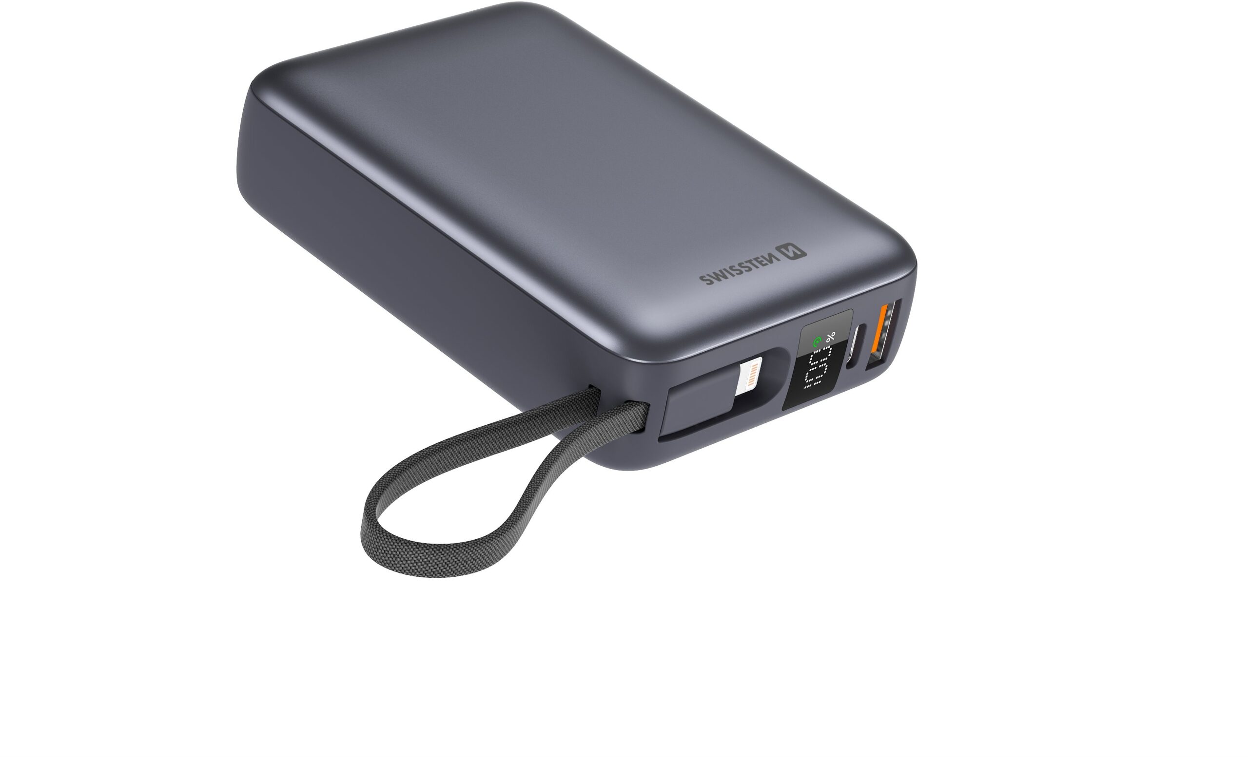 Swissten 20000 mAh integrált USB-C és Lightning kábelekkel, ezüstszürke