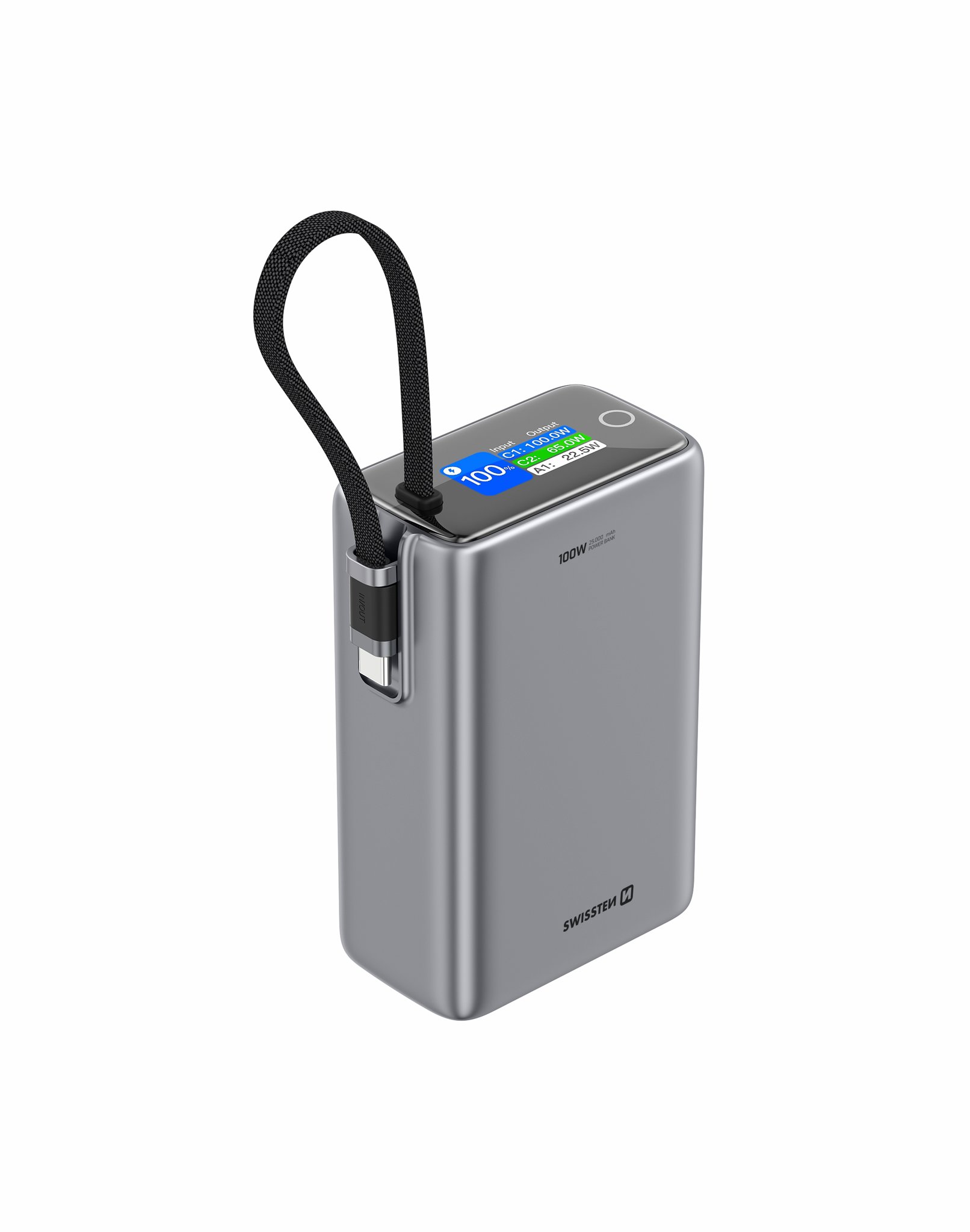 Swissten 25000 mAh travel integrált kábellel, szürke