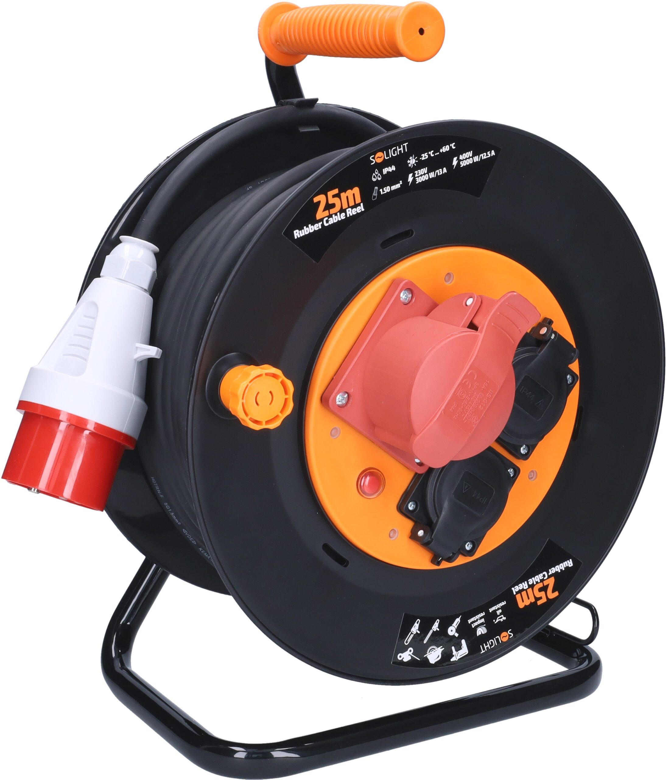 Solight kültéri hosszabbító kábel dobon, kültéri, 400 V + 230 V, 25 m, gumi kábel 3 x 1,5 mm2, IP44